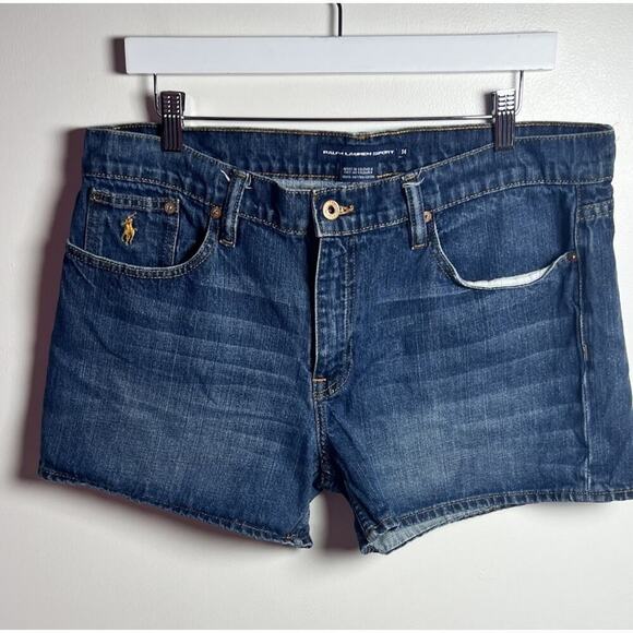 RALPH LAUREN SPORT Womens Medium Wash Distressed Denim Blue Jean Shorts Size 14 - Picture 1 of 7